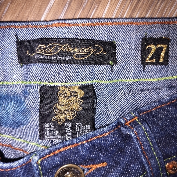 Ed Hardy Blue Straight Leg Jeans with Floral Detail - Picture 2 of 3